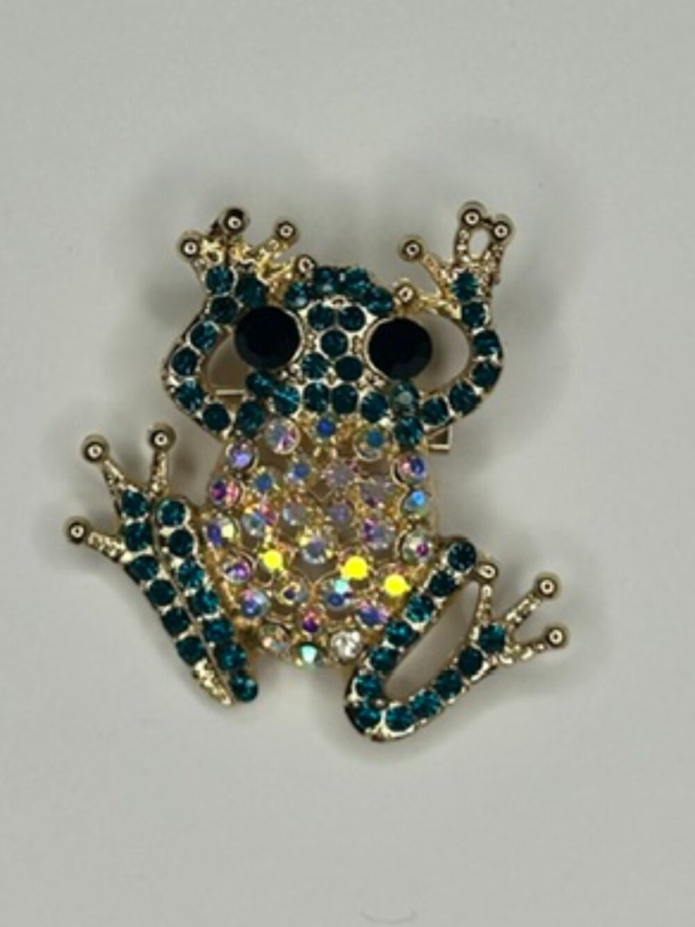 NWT Turquoise Blue AB Rhinestone Frog Brooch Pin Gold Tone